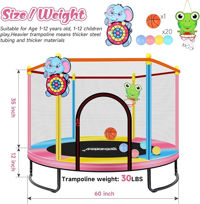 Pink Indoor Trampoline for Kids 2-5, 5ft Mini Indoor & Outdoor Small Toddler Trampoline with Net and Basketball Hoop