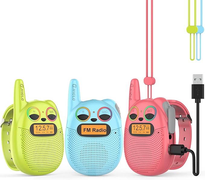 Qniglo Walkie Talkies for Kids - Rechargeable 3 Pack, Spy Toys for 4-12 Year Old Girls and Boys, Kids Walkie Talkies with FM for Outdoor Camping, Christmas and Birthday Gifts