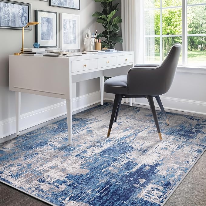 Washable Area Rugs 7'x9' Non-Slip Modern Abstract Soft for Living Room Entryway Bedroom Nursery, Print Pattern, Blue Grey Navy Gray