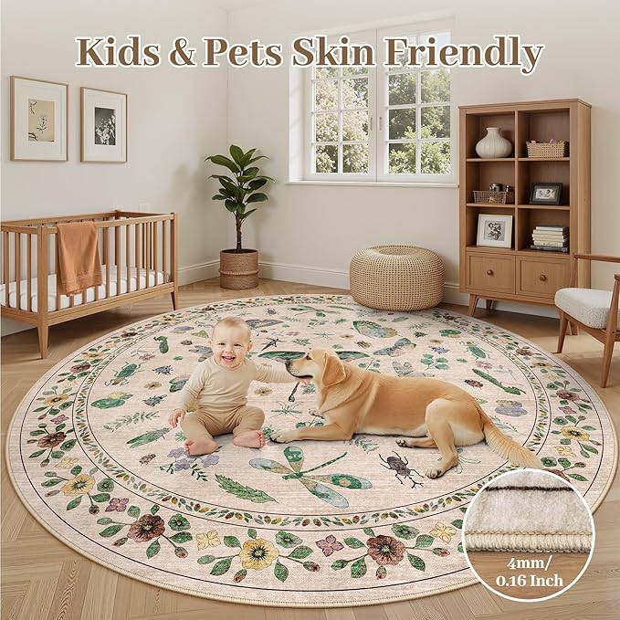 6ft Washable Round Rug - Bug Rugs for Living Room Non-Slip Low Pile Soft Ultra-Thin Machine Washable Circle Carpet for Bedroom, Entryway, Nursery, Kitchen, Home Office (6' Round Beige)