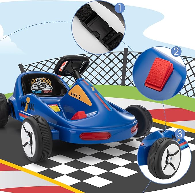 TOBBI 12V Electric Go Kart for Kids Battery Powered Ride on Car Outdoor Race Toy with Remote Control, Safety Belt, Music, LED Lights and Flags for Toddlers 3-8 Years, Blue