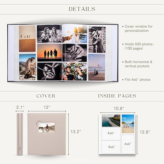 Premium Scrapbook Album – Acid-Free Photo Album with Writing Space – 100 Pages for Size 4x6 – Holds 500 Photos – Wedding, Baby, Travel & Family Memories (Taupe/Grey)