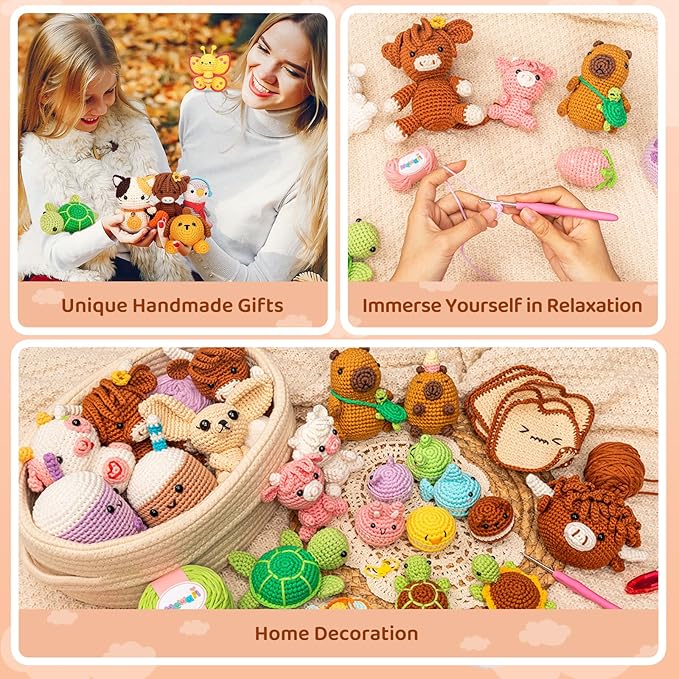 Mewaii Crochet Kit for Beginners Level 1 with 40% Extra Eco-Friendly Pre-Started Easy Yarn, Step-by-Step Video Tutorials for Adults and Kids (2 Pack Lambs)