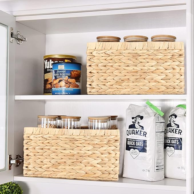 Water Hyacinth Wicker Baskets for Organizing, Rectangular Wicker Baskets with Built-in Handles 3-Pack