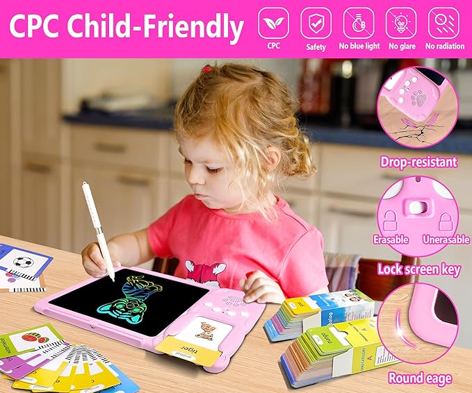 Rylai Toddler Toys Talking Flash Cards, Kindergarten Learning Resources 510 Sight Words with Drawing Tablet for Speaking Doodling, Sensory Toys for Kids with Autism, Boys Girls 2 3 4 5 6, Pink