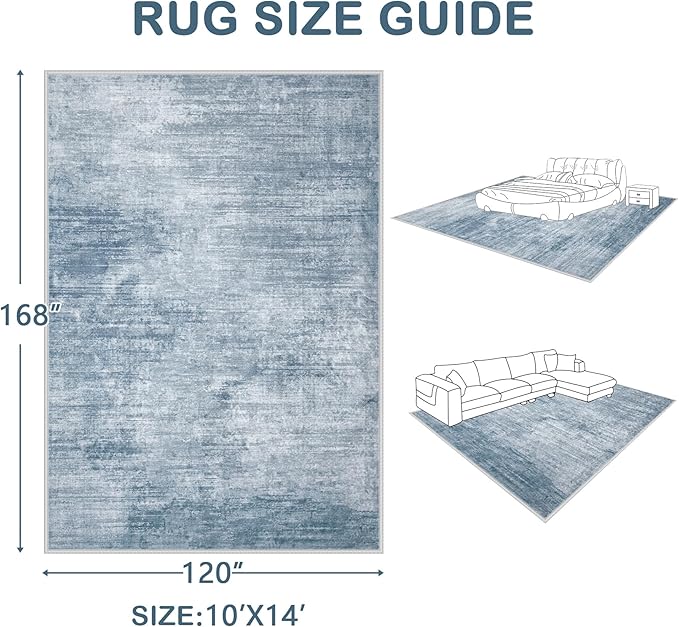 Area Rugs 10x14 Living Room: Washable Rug Modern Abstract Large Rugs Soft Non Slip Neutral Rug Stain Resistant Indoor Carpet for Bedroom Kitchen Dining Room Home Office Rugs(Blue, 10'x14')