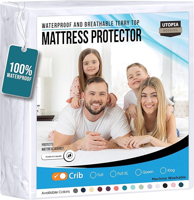 Utopia Bedding Waterproof Mattress Protector Crib Size, Premium Terry Mattress Cover 200 GSM, Breathable, Fitted Style with Stretchable Pockets (White)