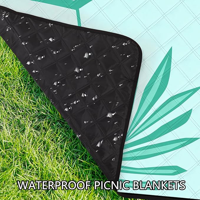 Picnic Blankets Waterproof Sandproof, 79''x79'' Extra Large Foldable & Portable Beach Blanket, 3-Layer Fabric Outdoor Mat for Family Camping, Park, Travel, Grass Lawn, Adults & Kids-Tropical Fern