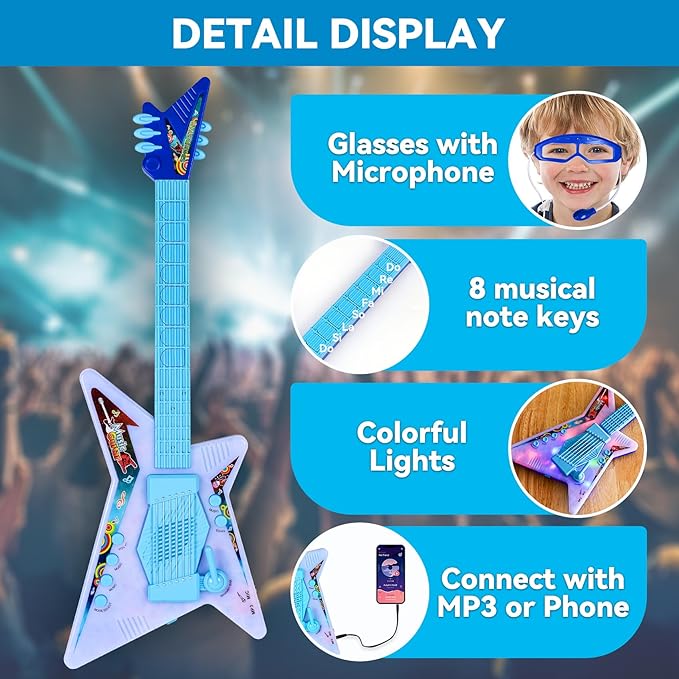 Guitar and Microphone Play Set with Glasses,Music Toys with Music&Light,Kids Karaoke Machine,Music Instruments for Toddlers,Boys,Perschool Educational Toys Gift for Children