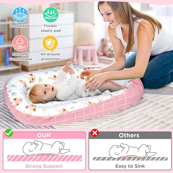 KISS GOLD Baby Lounger - Breathable Soft Cotton Cover Baby Lounger Nest, Babies Essentials Gifts, Portable Lounger for Baby Tummy Time Floor Playing Seated Support for Home and Travel