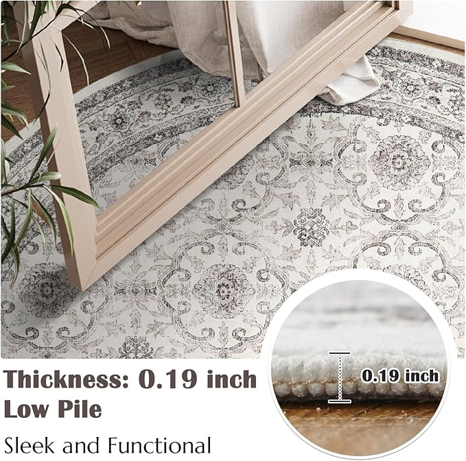 jinchan Round Rug 4ft Washable Circle Soft Rug - Low Pile Vintage 4'Round Indoor Beige Floral Print Stain Resistant Boho Carpet Ultra-Thin Non-Slip for Entryway Nursery Bedroom Dining Room Kitchen