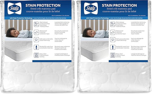Sealy Baby Stain Protection Fitted Waterproof Infant Crib Mattress Protector Pad and Toddler Bed Cover, Durable and Comfortable Topper, Machine Washable and Dryer Friendly, 52” x 28”- White