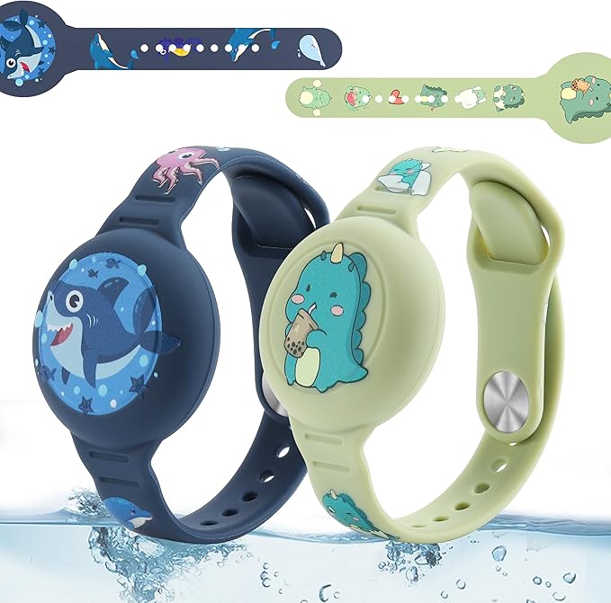 R-fun Waterproof Air Tag Bracelets[2 Pack] Compatible with Apple Air Tag Finders with Cartoon Pattern,Anti Lost GPS Item Finders Case Cover,Green Dinosaur/Blue Shark