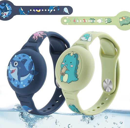 R-fun Waterproof Air Tag Bracelets[2 Pack] Compatible with Apple Air Tag Finders with Cartoon Pattern,Anti Lost GPS Item Finders Case Cover,Green Dinosaur/Blue Shark