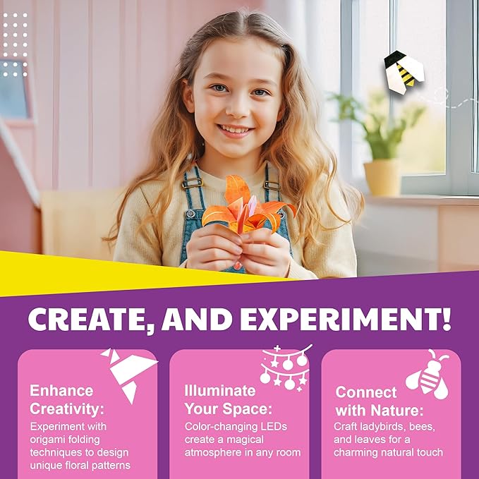 KidzMaker - Origami Flower Lights - DIY Craft Kit for Kids - Make Beautiful Flower-Shaped Origami Paper Kit Lights - Includes Colorful Papers & LED Lights - Fun Creative Activity for Room Decoration