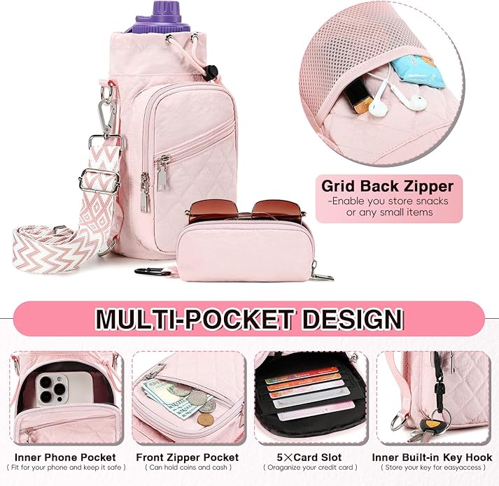 Water Bottle Carrier Bag with Strap, Water Bottle Holder Crossbody Bags for Women Men for Walking, Hiking,Cycling