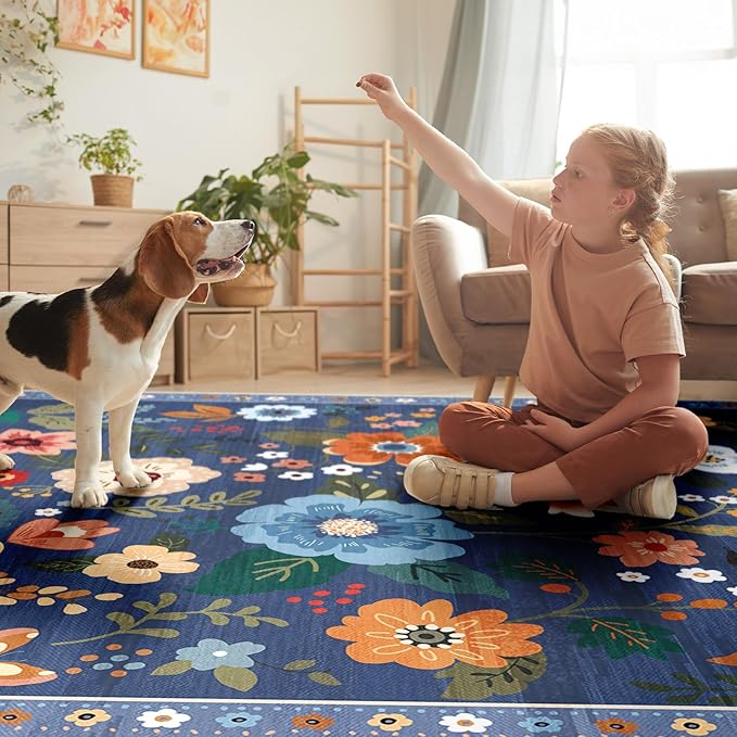 Floral 8ft Area Rug Machine Washable Soft Print Boho Carpet Non Slip Doormat Low Pile Flower Area Rugs for Living Room Bedroom Nursery Kitchen Dining Room Indoor-Blue/Grey