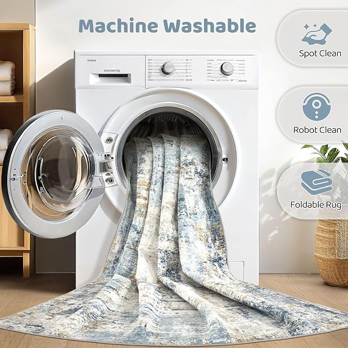 5x7 Area Rugs Washable Rug: Living Room Large Abstract Modern Soft Stain Resistant Indoor Floor Non Slip Accent Carpet for Bedroom Nursery Playroom Dining Room Office Dorm Home- Light Blue