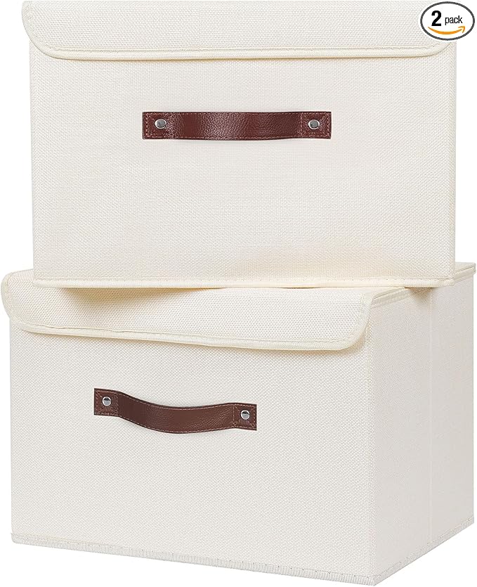 ANMINY 2PCS Storage Bins with Lid PU Leather Handles Storage Boxes PP Plastic Board Decorative Foldable Lidded Cotton Linen Fabric Home Cubes Baskets Closet Organizer Containers - Beige, Large Size
