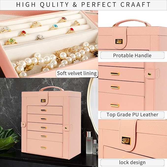 AKOZLIN Large Jewelry Box Organizer Functional Lockable with Big Mirror, Leather Jewelry Storage Case for Women Girls Ring Necklace Earring Bracelet Holder Organizer Pink