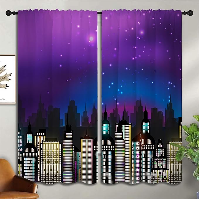 Superhero Rod Pocket Blackout Curtains for Boy Girl Bedroom, Super City Skyline Buildings Night Panorama Home Energy Efficient Light Filtering Window Curtain for Living Room, 63x63 inch