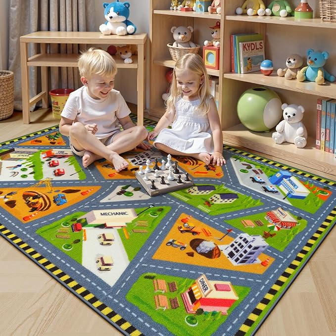 STARUIA Kids Cars Rug for Playroom, 3x5 Car Rugs for Kids Toy Cars, Non-Slip City Road Map Play Rug for Boys Bedroom, Educational Toddler Carpet Play Mat for Classroom Nursery Daycare (39"X59")