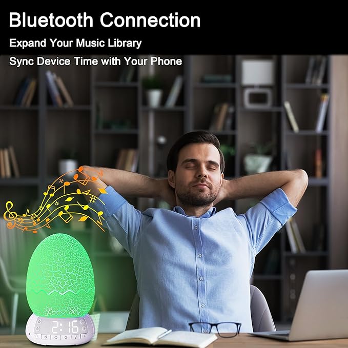 Upgraded Dinosaur Egg Alarm Clock/Digital Clock/Night Light/Music & White Noise Aid Sleep Machine/Bluetooth Speaker, Decor Ideal & Unique Lamp for Bedroom/Living Room, Gifts for Kids