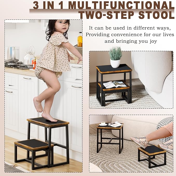 Step Stool for Adults,Holds up to 500Lb,3 in1 Heavy Duty Sturdy Two StepStools for Kichen/Bathroom/High beds, Wooden&Metal Frame, Non-Slip Pads