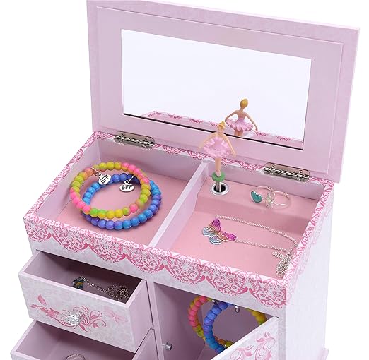 Jewelkeeper - Ballerina Jewelry Box for Girls with 3 Pullout Drawers - Ballerina Music Box with Swan Lake Tune - Ballet Slipper Design - Jewelry Storage Organizer for Necklaces and Bracelets