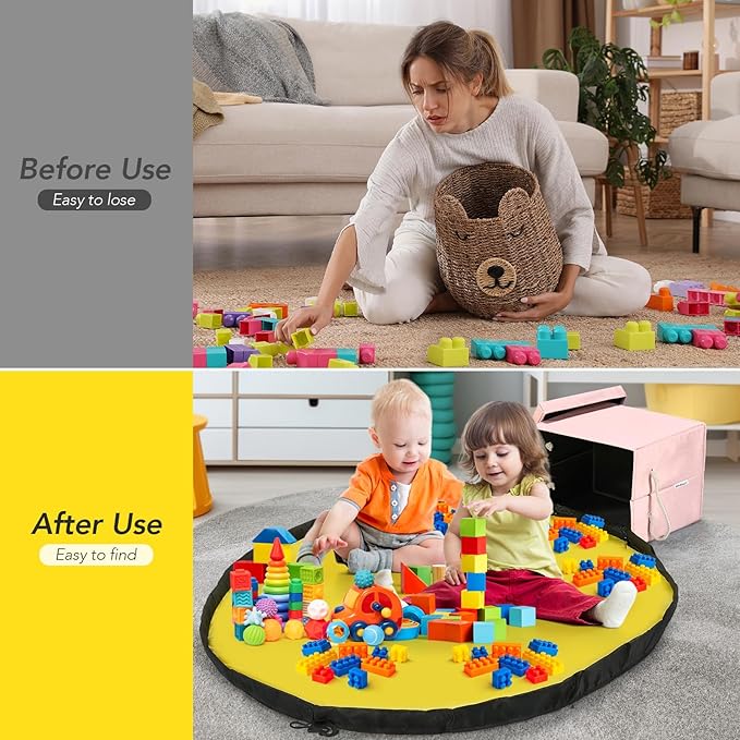 Kids Toy Box Chest Storage with Lid and Big Play Mat for Boys and Girls,Collapsible Fabric Toy Building Bricks Storage Container Organizer Bin with Rug for Playroom and Nursery Organization