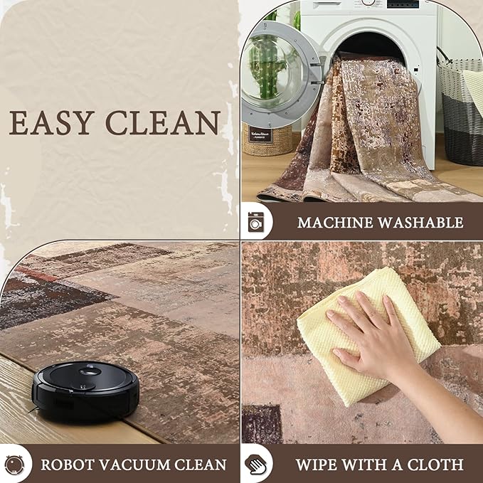 LOCHAS Rug for Living Room, Washable Soft Area Rugs for Bedroom 6x9, Abstract Carpet for Indoor Office Kids Dining Room Nursery Floor, Brown Geometric Vintage Home Decor, Non Slip, Pet Child Friendly