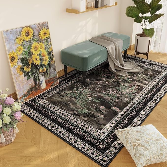 4x6 Rug for Bedroom Impressionist-Style Vintage Washable Rugs Non Slip Low Pile Small Carpet for Bedside Kids Room Office Dining Room, Black