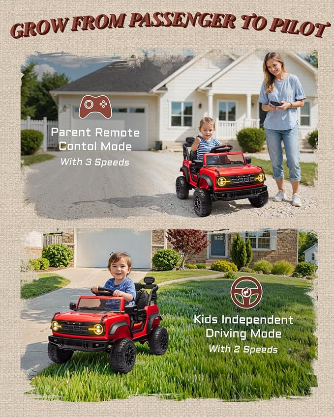 Ford Bronco Raptor Licensed 12V Ride on Toys, Kids Ride on Car with Remote Control, Electric Car for Toddler with Smooth Start, Openable Doors, MP3 Player, 3 Speeds (12V, Red)