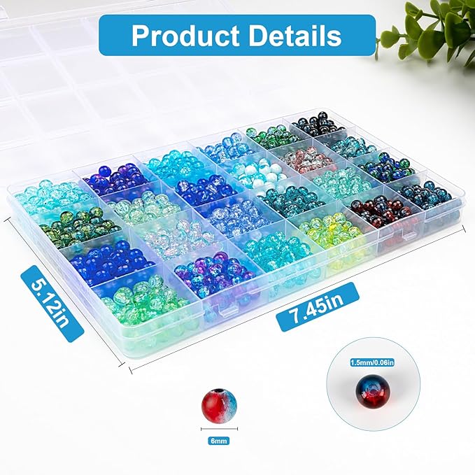 XSEINO About 1200pcs 6mm Crack Glass Beads Bracelet Making Kit,24 Assorted Crackle Oceanic Blue Series Colorful Crystal Beads for Bracelet,Jewelry Making,DIY Crafts,Friendship Bracelets