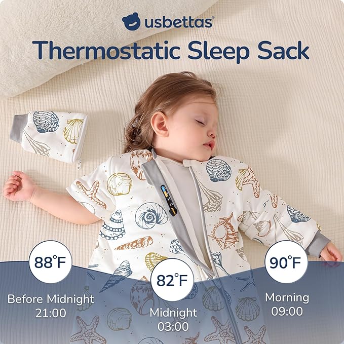 Baby Sleep Sack 12-18 Months, Cotton Detachable Long Sleeve Sleep Sack, 2.5 Tog Toddler Sleeping Sack with Temperature Strips, 2-Way Zipper Wearable Blankets for Newborns, Ocean