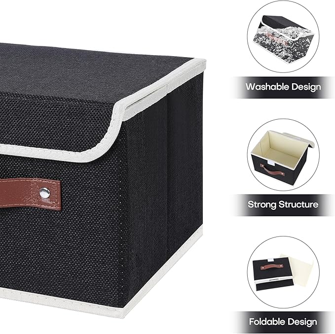ANMINY 2PCS Storage Bins with Lid PU Leather Handles Storage Boxes PP Plastic Board Decorative Foldable Lidded Cotton Linen Fabric Home Cubes Baskets Closet Organizer Containers - Black, Large Size