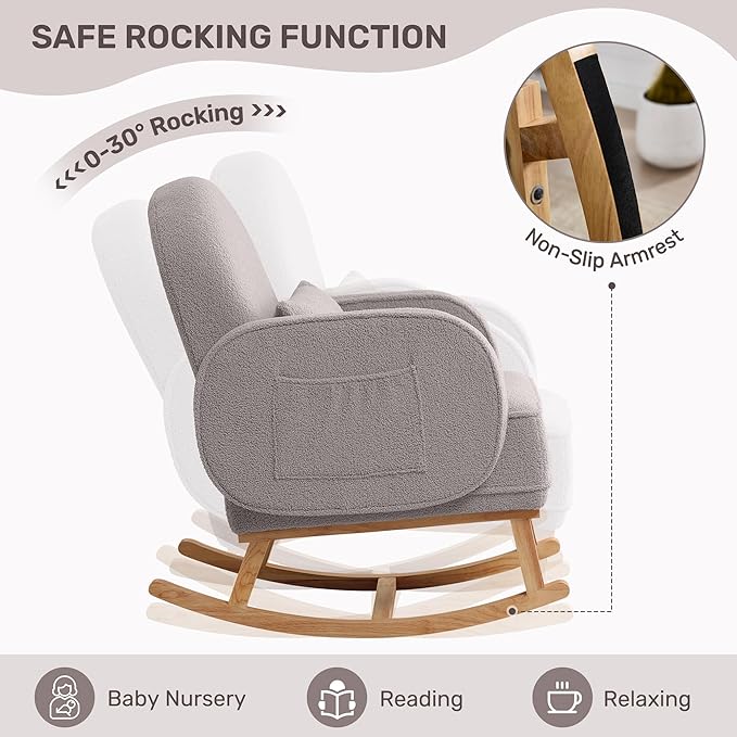 Nursery Rocking Chair with Ottoman, Upholstered Glider Rocker with High Backrest and Side Pocket, Rocking Accent Armchair with Solid Wood Legs for Nursery, Living Room, Bedroom Light Grey