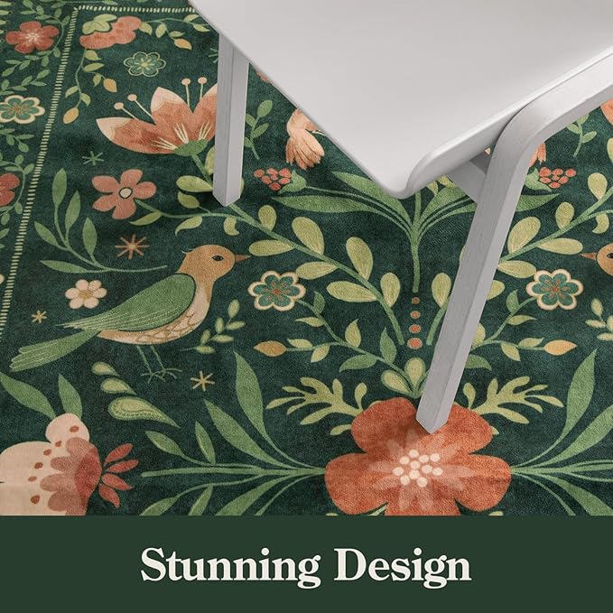 Moynesa Machine Washable Round Rug, 6ft Circle Area Rug for Living Room Non Slip, Ultra Thin, Soft, Indoor Boho Bird Dark Green 6'x6' Carpet for Bedroom Office Under Table Kid Playroom