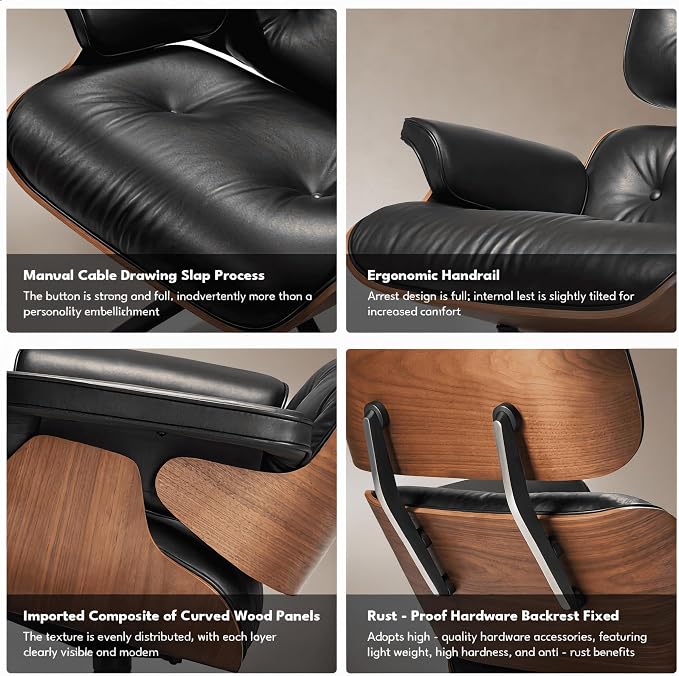 Top Black Grain Leather, Mid Century Chaise Lounge Chair and Ottoman, Accent - Image 8