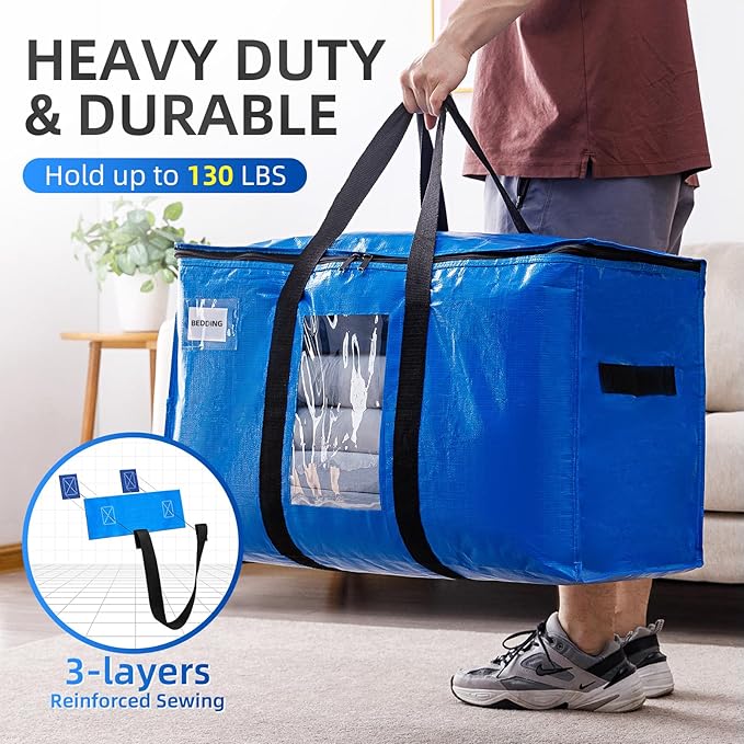 TAILI Extra Large Moving Bags, 12 Pack Blue Heavy Duty Totes For Storage with Visible Window, Wrap Around Handles, Storage Bags for Space Saving, Alternative to Moving Boxes