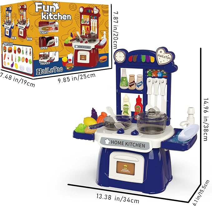 Kitchen Set for Toddler with Sound and Light，Pretend Cooking Food Set,Kids Kitchen Playset，Play Sink with Running Water and Electronic Induction Stove，Kitchen Accessories (Lyons Blue Kitchen)