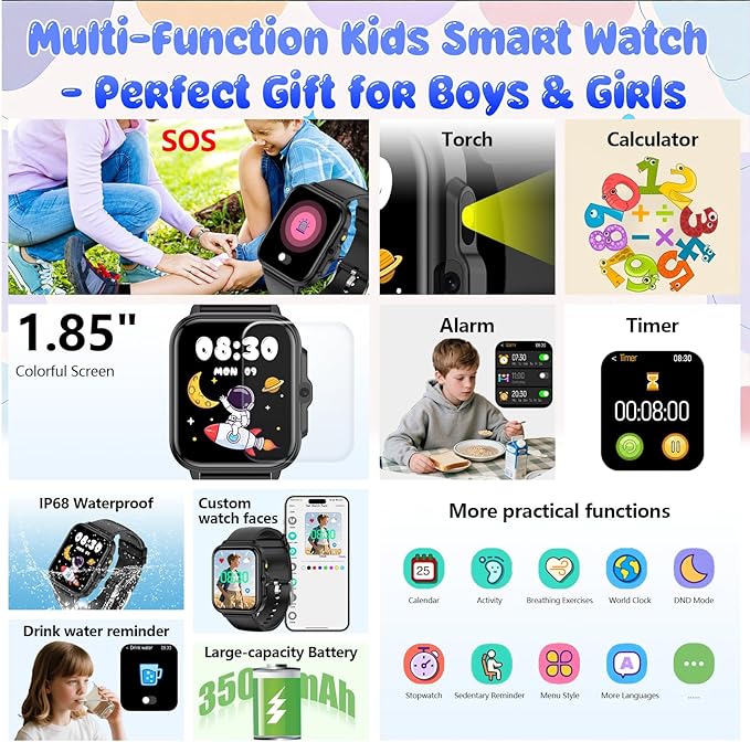 Smart Watch for Kids, 1.85" Fitness Tracker Pedometer Watch, Health, Sleep Monitor, Puzzle Games, Alarm Clock, Camera, Music Player, Torchlight, Activity, Gift Toys for 4 - 13 Years Old Boys and Girls