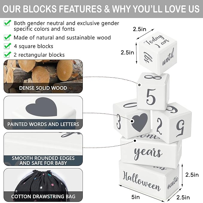 White Baby Monthly Milestone Blocks with Bag. Baby Age Blocks for Girl or Boy Baby Photo Props and Baby Shower. Month Baby Milestone Blocks with Grammatically Correct Month and Year