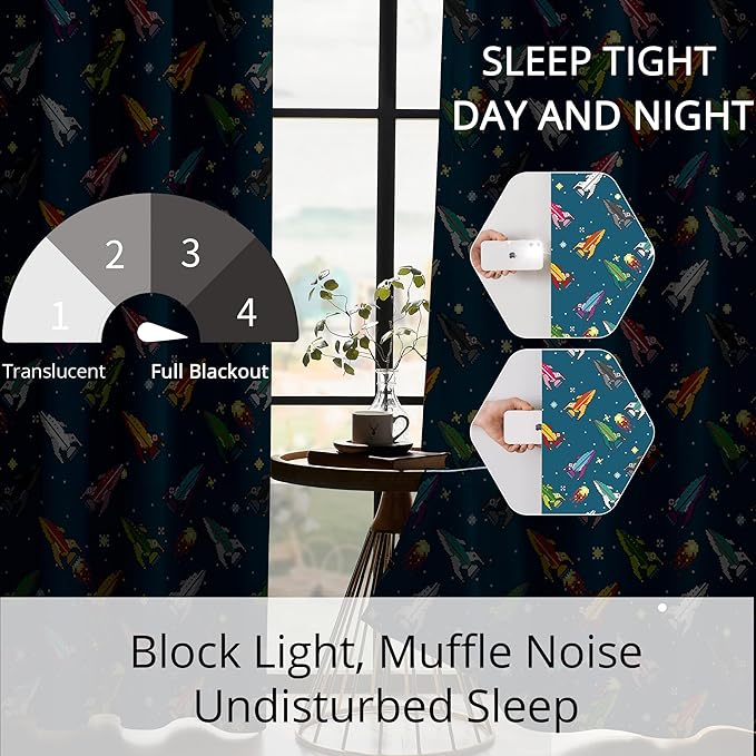Pixel Rocket Kids Blackout Curtains - 100% Blackout, Thermal Insulated, Noise Reducing, Perfect for Kids Room and Nursery, 2 Panels (Pixel Rocket Fleet, W52×L84)