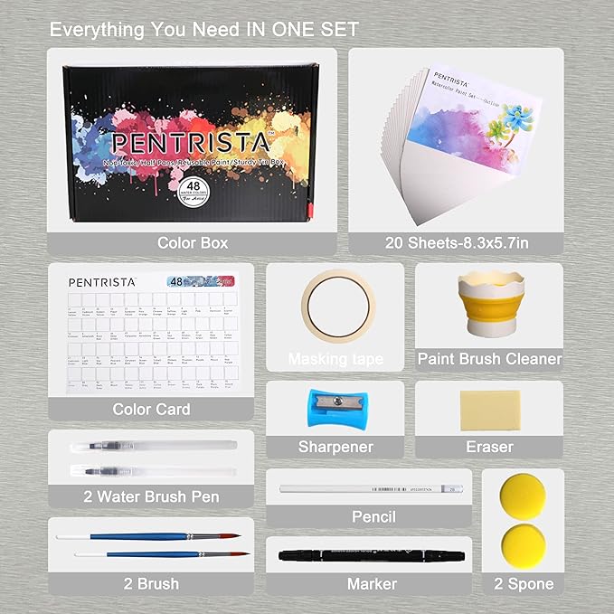 Watercolor Paint Set, 48 Premium Colors,Artist Grade, Includes 2 Artist Brushes,20 sheet Water color Paper Pad,2 Water Pen, Perfect Travel Watercolor Set for Artists and Painting Lovers