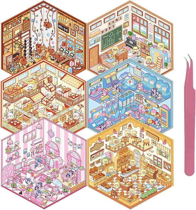 DIY 3D Sticker for Kids, 6 Sets of Cute Stickers for Girls Adult Isometric Sticker Scene Kids Reuseable and Waterproof Stickers