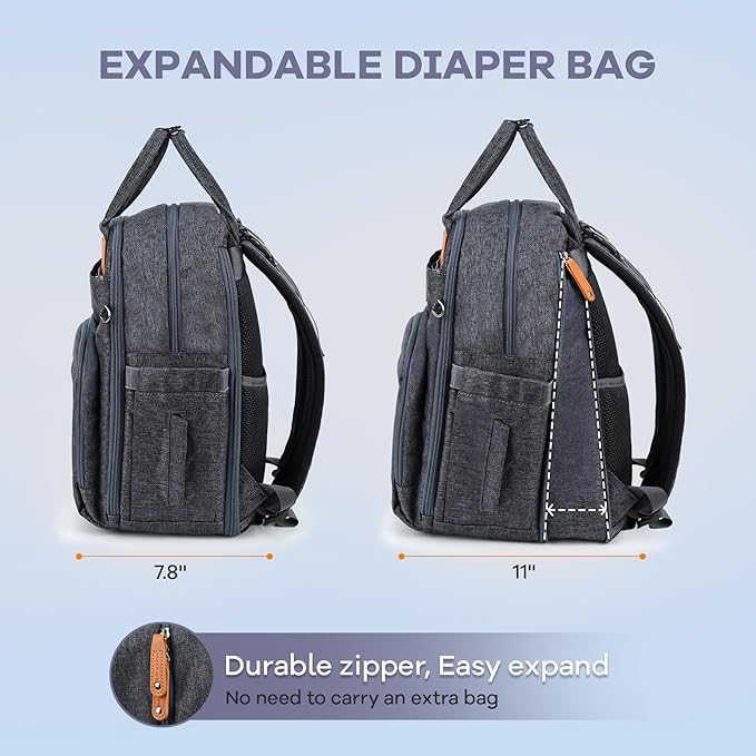 RUVALINO Diaper Bag Backpack-Expandable Baby Bag with up to 50% Capacity -Baby Essentials Bag with Changing Pad Insulated Bottle Holders & Pacifier Case, Waterproof, Dark Gray XL
