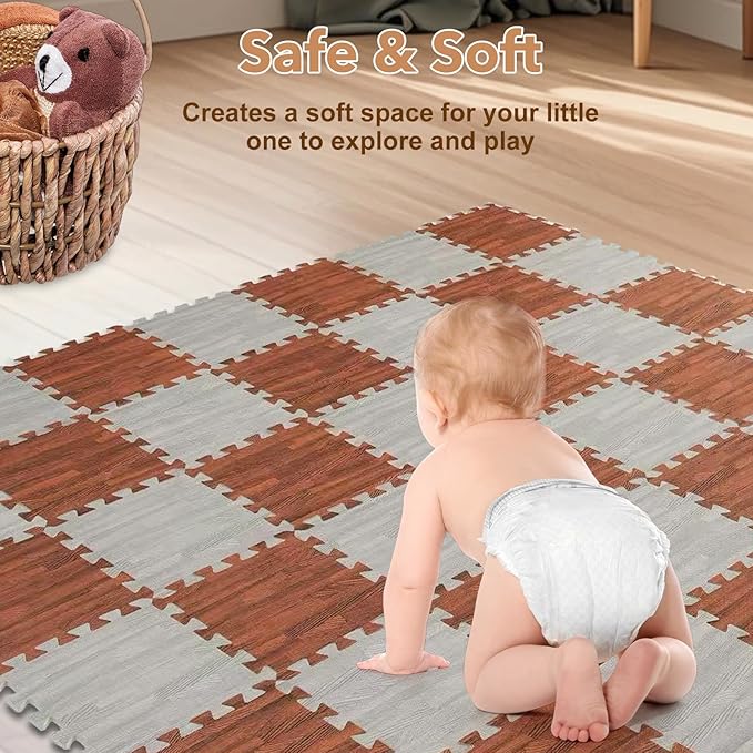Skyweaver 12 Tiles Soft Non-Toxic Baby Play Mat for Floor EVA Foam Jigsaw Puzzle Play Mat, Interlocking Squares with 0.6inch for Babies, Toddlers & Kids Gym, Nursery, Playroom, Gray