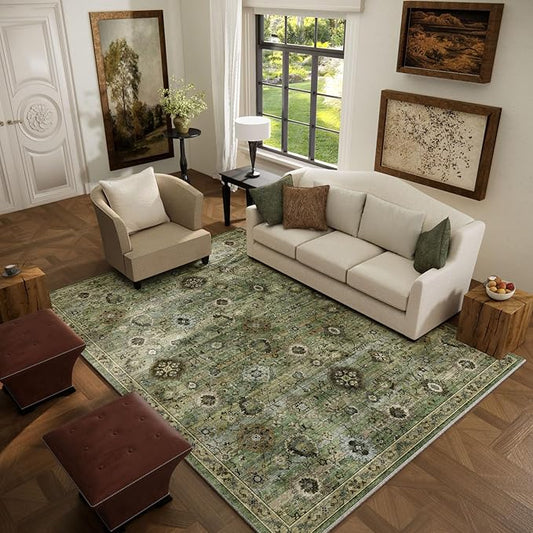 Washable Area Rugs for Living Room: 5x7 Rug Boho Vintage Rugs Stain Resistant Non Slip Low Pile Lightweight Soft Carpets for Bedroom Kitchen Dining Room Nursery Kids Room Farmhouse Home Office