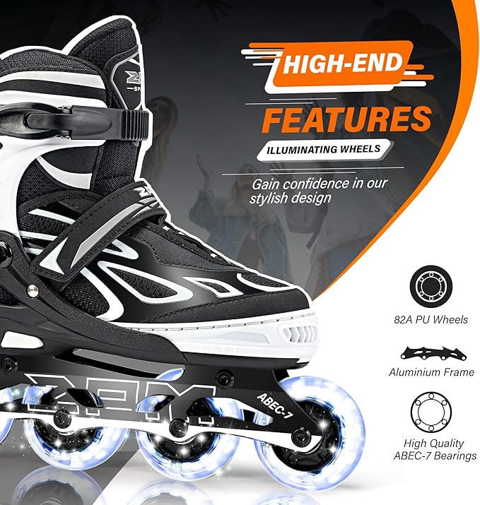 2PM SPORTS Vinal Girls Adjustable Flashing Inline Skates, All Wheels Light Up, Fun Illuminating Skates for Kids Men Adult Women and Boys